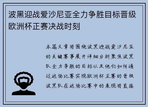 波黑迎战爱沙尼亚全力争胜目标晋级欧洲杯正赛决战时刻