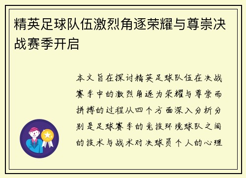 精英足球队伍激烈角逐荣耀与尊崇决战赛季开启