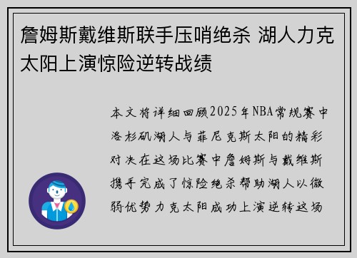 詹姆斯戴维斯联手压哨绝杀 湖人力克太阳上演惊险逆转战绩