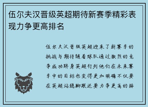 伍尔夫汉晋级英超期待新赛季精彩表现力争更高排名