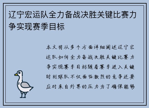 辽宁宏运队全力备战决胜关键比赛力争实现赛季目标