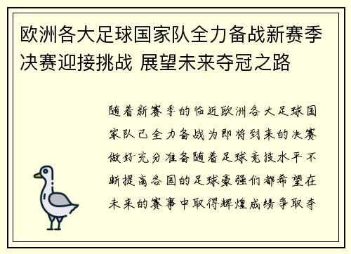 欧洲各大足球国家队全力备战新赛季决赛迎接挑战 展望未来夺冠之路