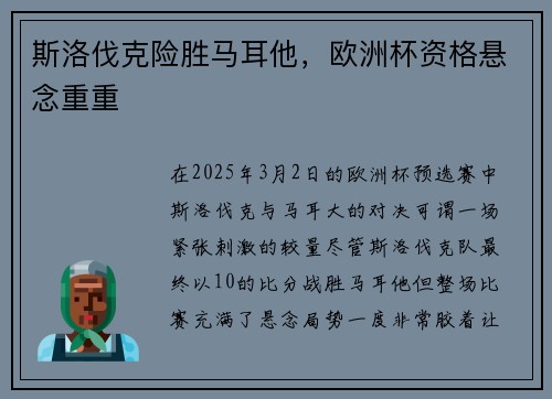 斯洛伐克险胜马耳他，欧洲杯资格悬念重重